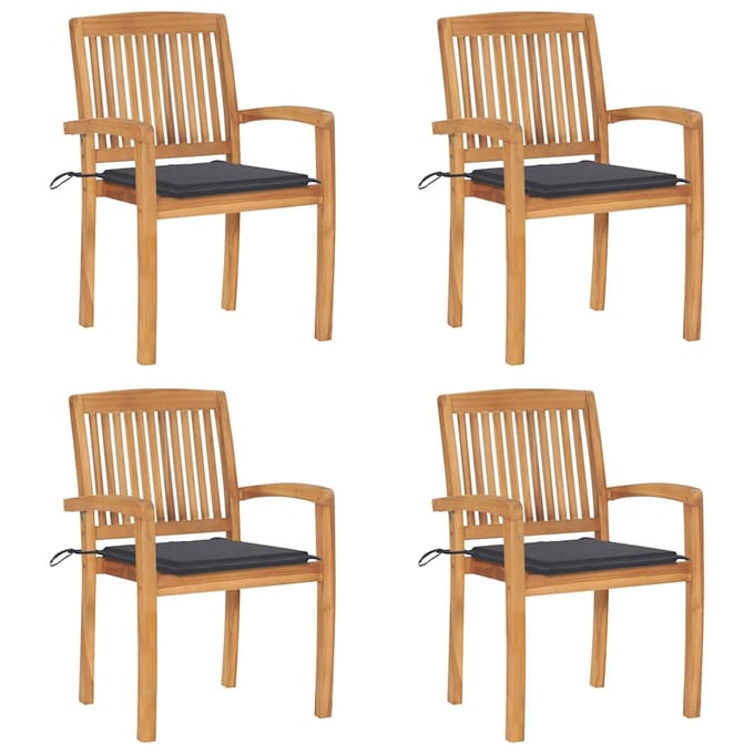 vidaXL - Tuinstoelen - stapelbaar - 4 - st - met - kussens - massief - teakhout