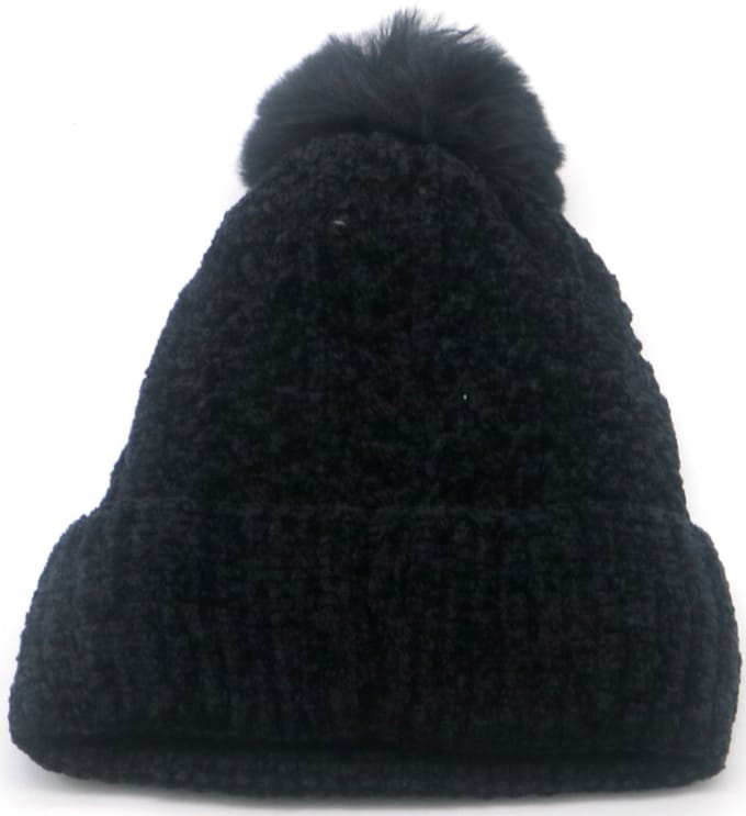 Gebreide beanie met pompon - zwarte muts - dames