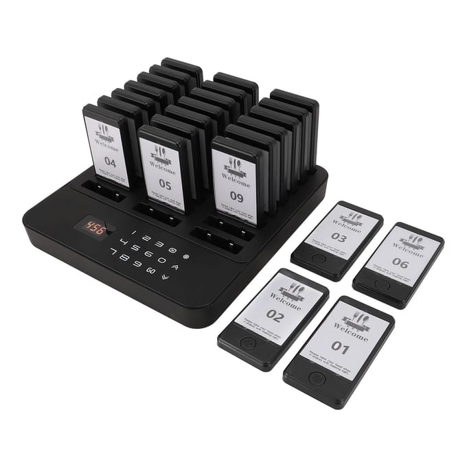 Restaurant Pagersysteem 24 Pagers Vibratie Piepen Knipperlicht 984,25ft Receptie Pagers Belknoppen UK Plug black
