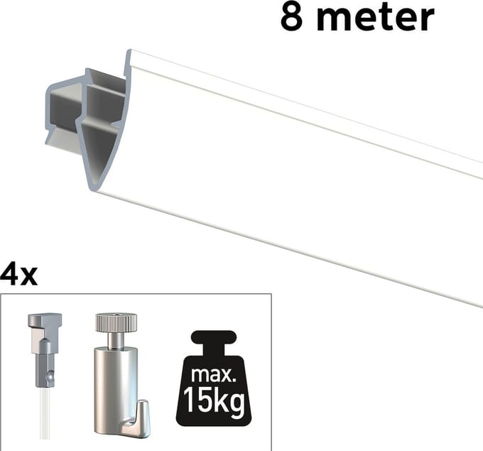Artiteq Schilderij Ophangsysteem 8 meter All-in-one Up Rail 15kg / Wit RAL9016
