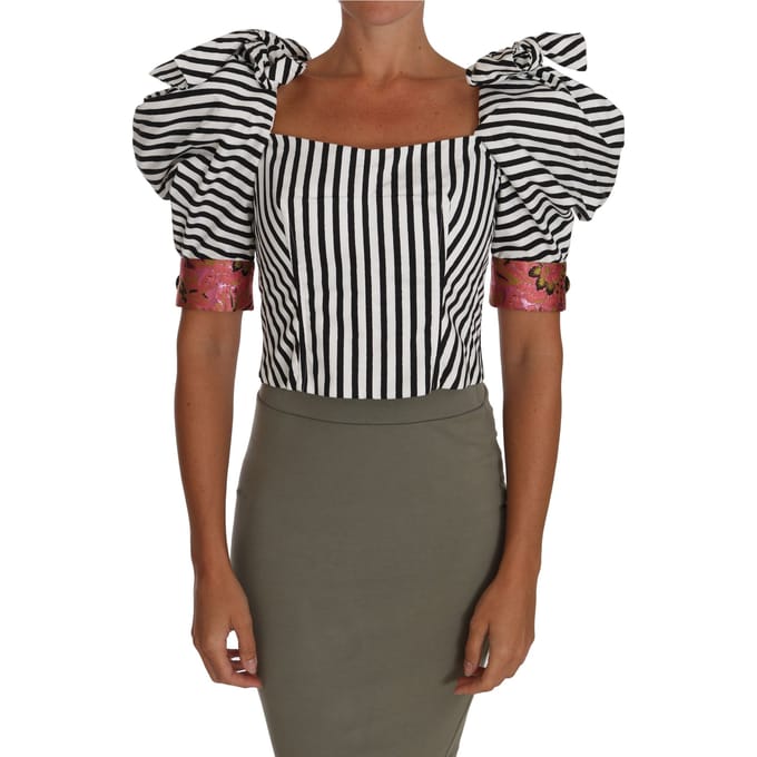 Dolce & Gabbana Vrouwen Wit Zwart Gestreept Gekropt Topje Pofmouwtjes Shirts