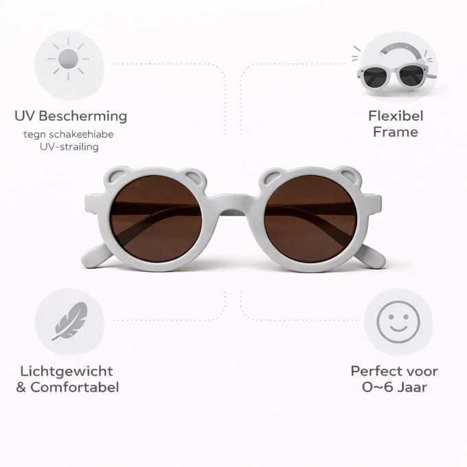 Kinderzonnebril met Berenoortjes – Rond – UV Bescherming – Flexibel – 0-6 Jaar – Grijs