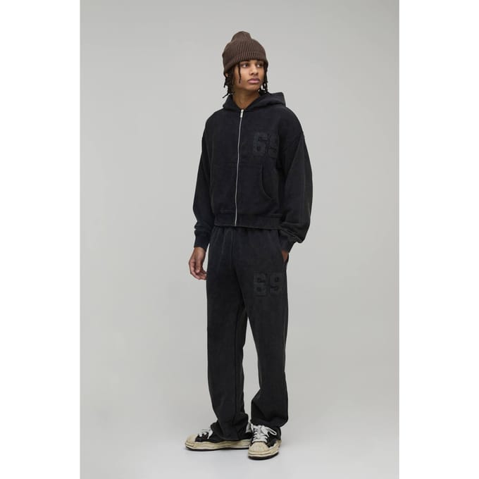 Verkort Model Trainingspak Met Applicatie, Distressed Wassing En Capuchon Met Ritssluiting | Charcoal | Size Medium
