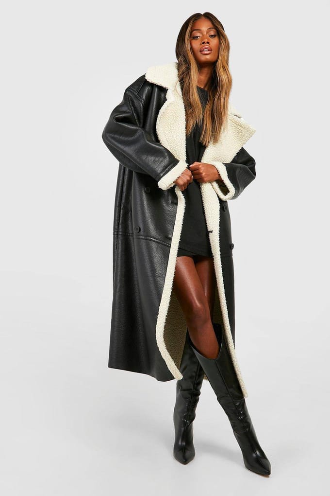 boohoo Dames Borg Trim Maxi Aviator Coat | Black | Maat: 14