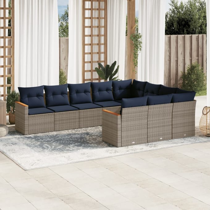 vidaXL - 10-delige - tuinbankset - met - kussens, - grijs - polyrotan