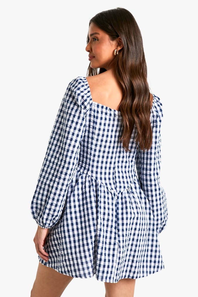 boohoo Dames Gingham Mini Jurk met Lange Mouwen | Navy | Maat: 8