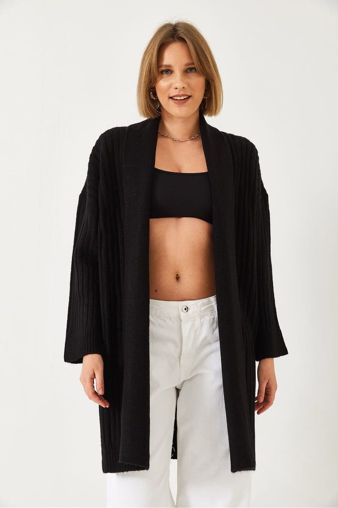 Getextureerde Lange Geribde Sjaalkraag Cardigan