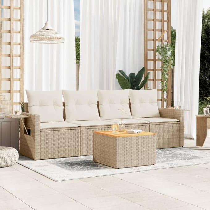 vidaXL - 5-delige - Loungeset - met - kussens - poly - rattan - beige