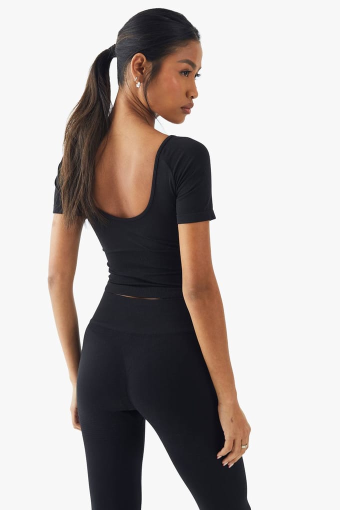 boohoo Dames Premium Sculpt Naadloos Korte Mouwen Top | Zwart | Maat: Large