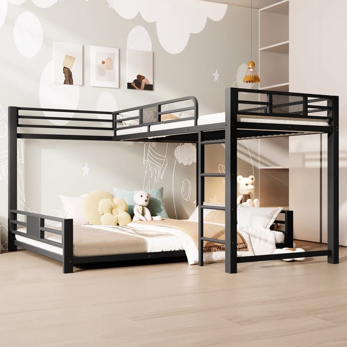 Stapelbed - 90x200 & 140x200 cm - L-Vorm Design - Ruimtebesparend - Metaal - Zwart