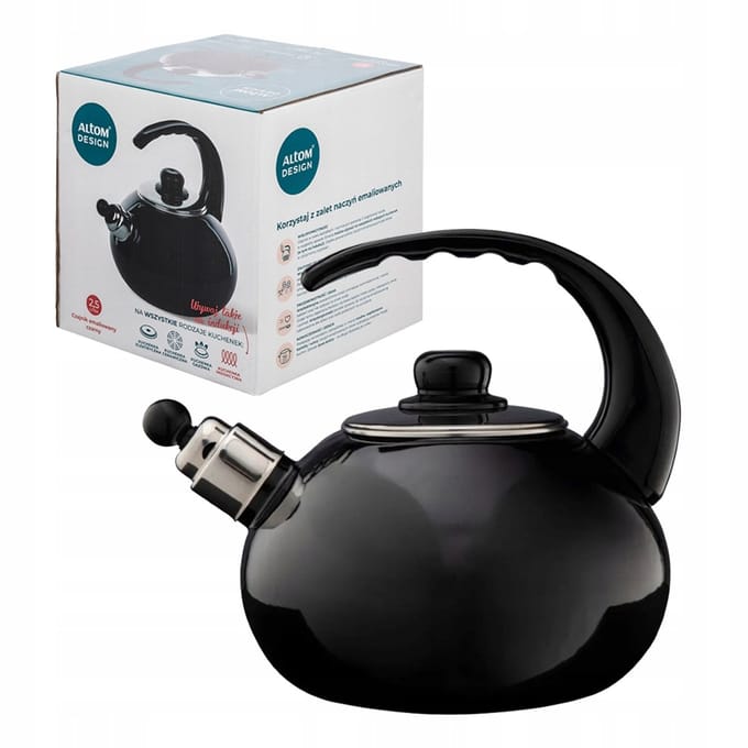 Altom Design Emaille Waterkoker met Fluitje - Zwart, 2,5L