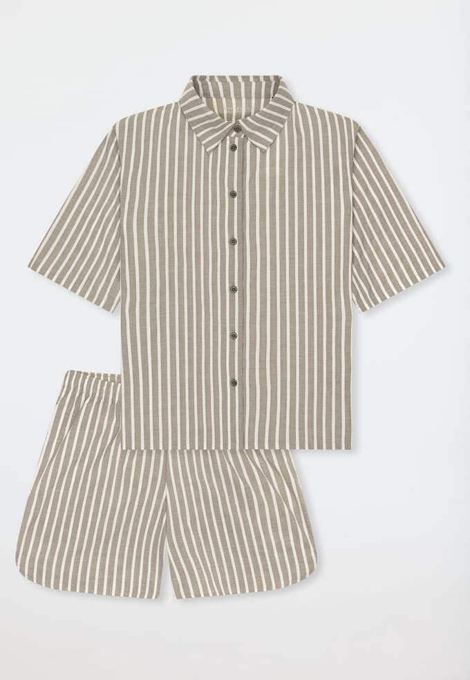 Korte pyjama van geweven stof met strepen, olijfgroen - Selected Premium 40