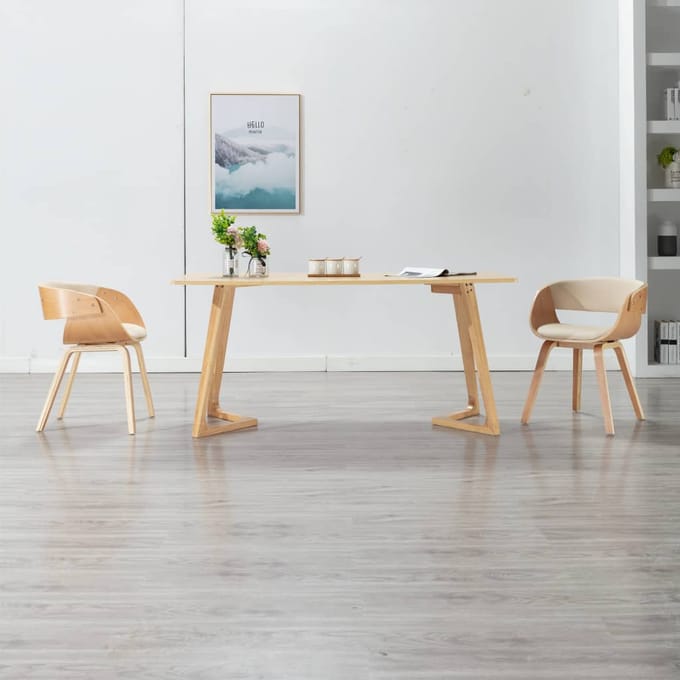 vidaXL - Eetkamerstoel - gebogen - hout - en - kunstleer - crèmekleurig