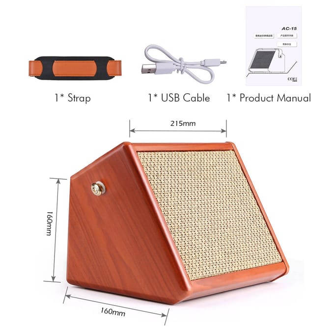 AC-15 15W Draagbare Akoestische Gitaarversterker Amp BT Speaker met Microfooningang Ondersteunt Volume bruin