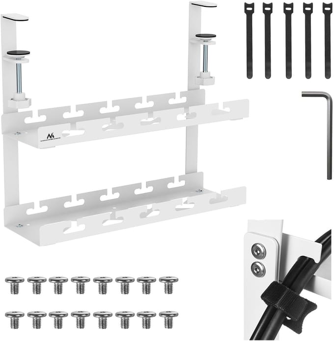 Maclean - Kabelopbergsysteem voor onder het bureau - Kabelgoot 2 niveaus - max. belasting 5kg - Wit - MC-104 W