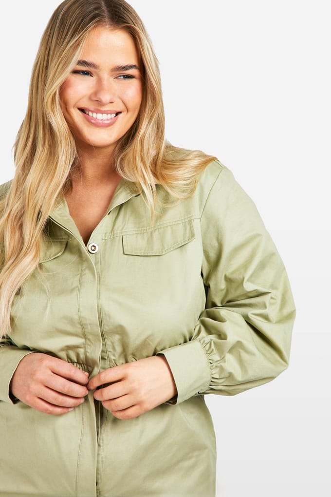 boohoo Dames Plus Utility Lange Mouwen Playsuit | Kaki | Maat: 44