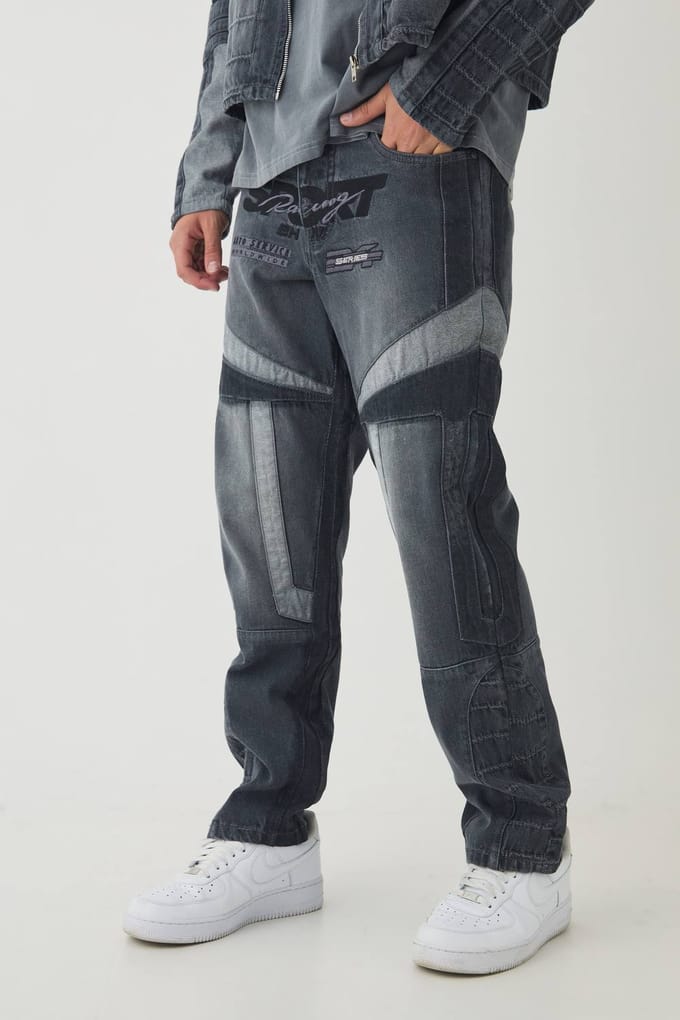 Straight Leg Moto Applique Jeans | Grey | Size 48R