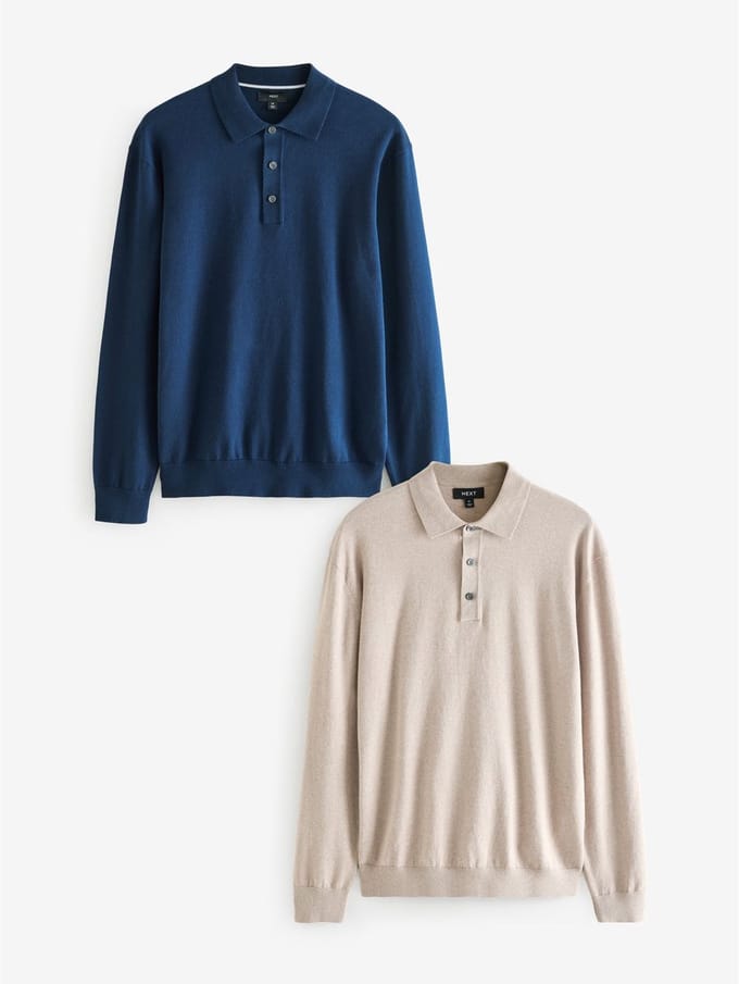 Next - Heren - Gebreide poloshirts met lange mouwen 2 -pack - Blauw