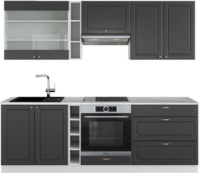 Vicco Fame-Line Complete keukeneenheid – 235 cm, WB Marmer Antraciet-Goud/Wit