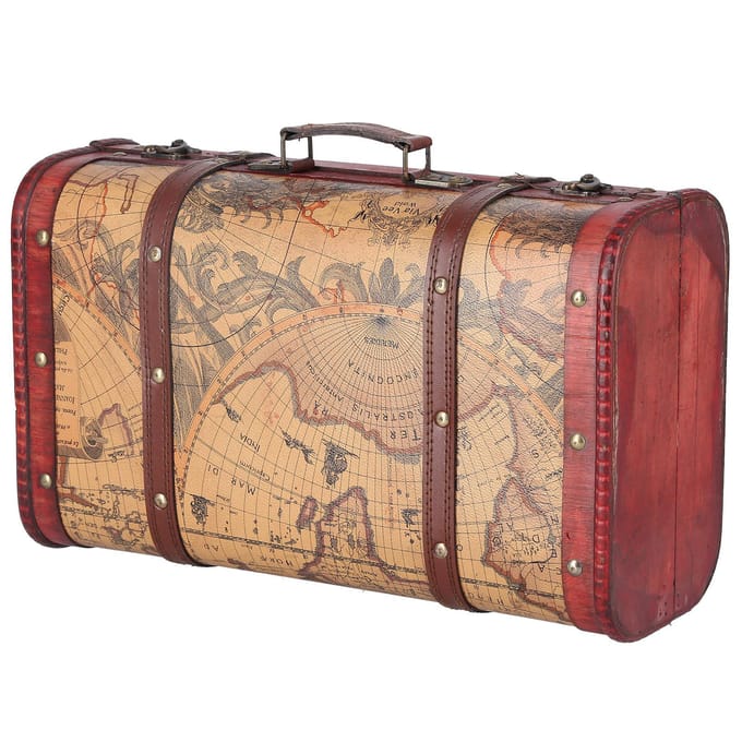 Valise vintage portable en bois composite avec motif de carte, coffre de rangement vintage beige