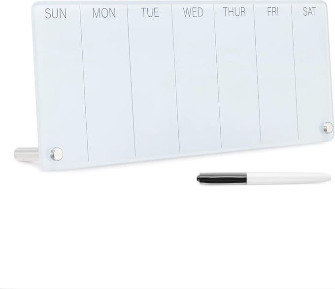 Witte Weekplanner voor Bureau - Glazen Staand Memobord met Marker voor Dagen van de Week