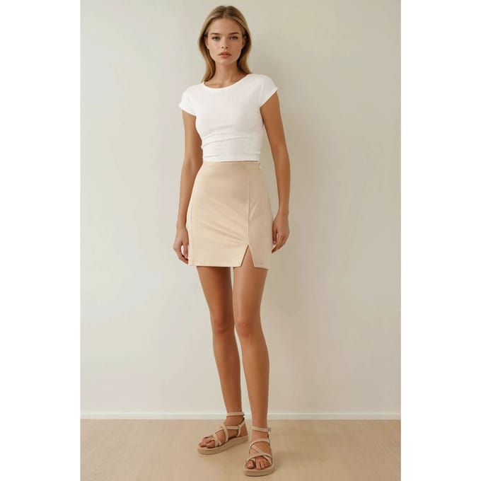 Hoge Taille Mini Suède Rok met Splits