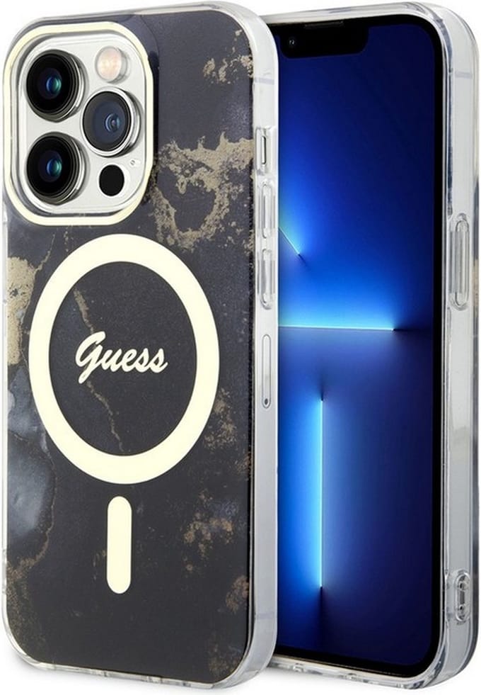 Guess Golden Marble Back Case (MagSafe Compatible) - Geschikt voor Apple iPhone 14 Pro Max (6.7") - Zwart
