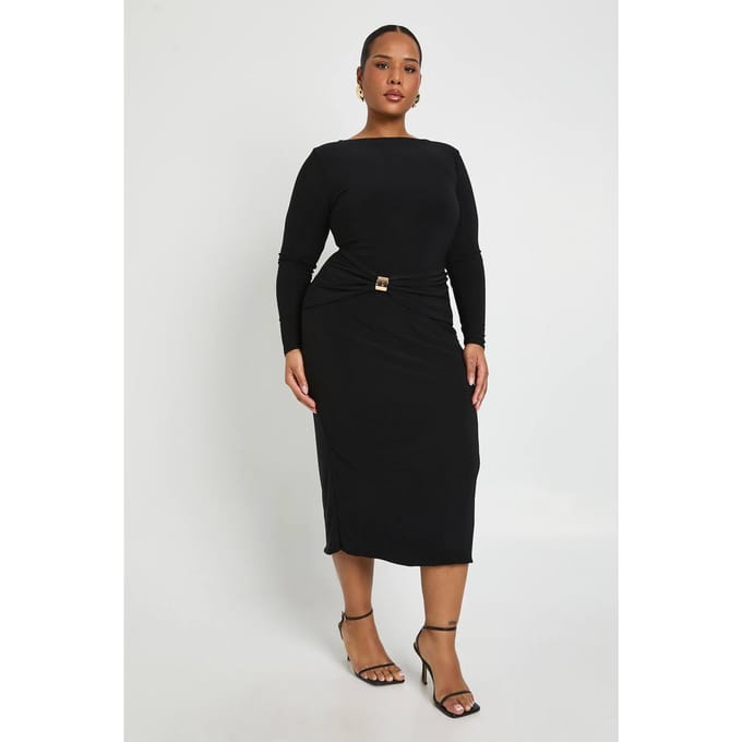 boohoo Dames Plus Geruimde Taille Gouden Afwerking Midaxi Jurk | Zwart | Maat: 44