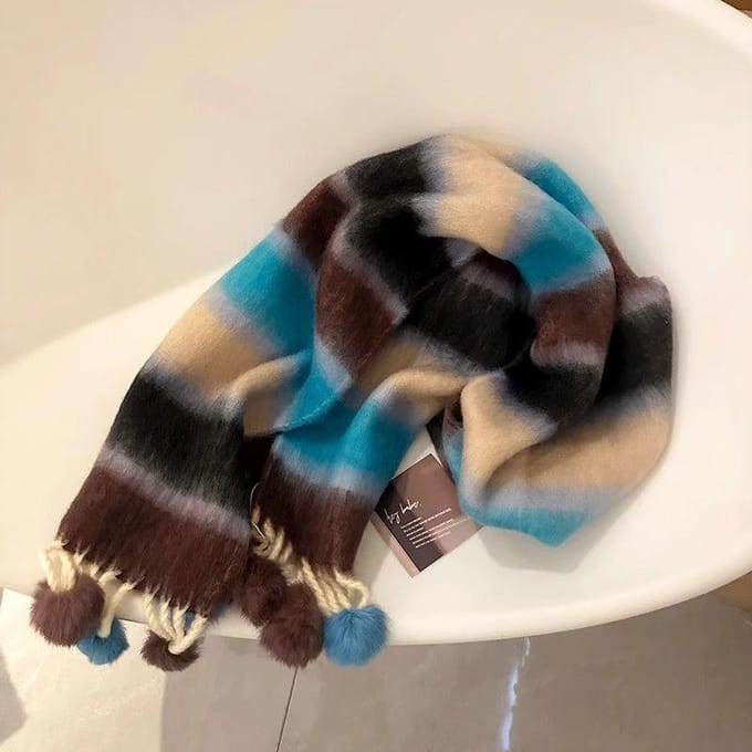 Winter Dopamine Regenboog Gestreepte Dikke Warme Geborstelde Franje Pompon Sjaal brown