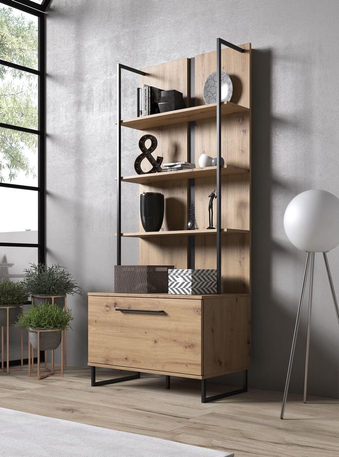 Meubella - Boekenkast Saturn - Eiken - Zwart - 85 cm