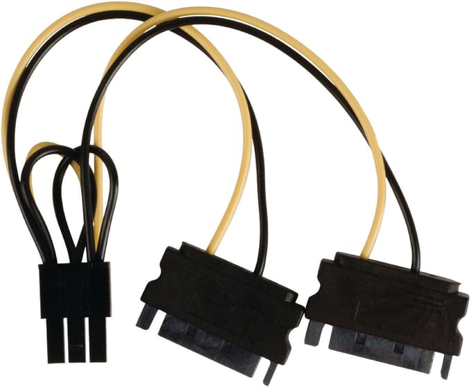 PCIe 6-pins (m) - 2x SATA 15-pins (m) voedingsadapter - 0,15 meter