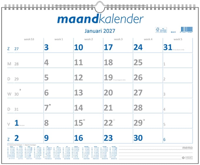 MGPcards - Maandkalender 2027 - Ruim A3 formaat - Week begint op ZONDAG - Wire-O - 43 x 34 cm