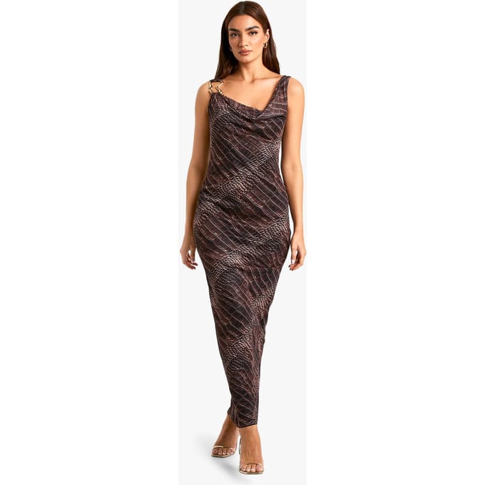 boohoo Dames Croc Print Cowl Mesh Slip Jurk | Brown | Maat: 8