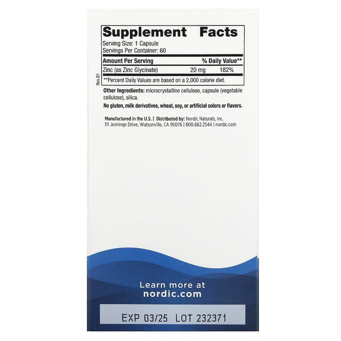 Nordic Naturals, Glycinate de Zinc, 20 mg, 60 Capsules