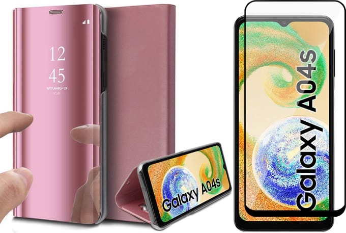 Hoesje geschikt voor Samsung Galaxy A04s / A13 5G - Screen Protector FullGuard - Book Case Spiegel Roségoud & Screenprotector