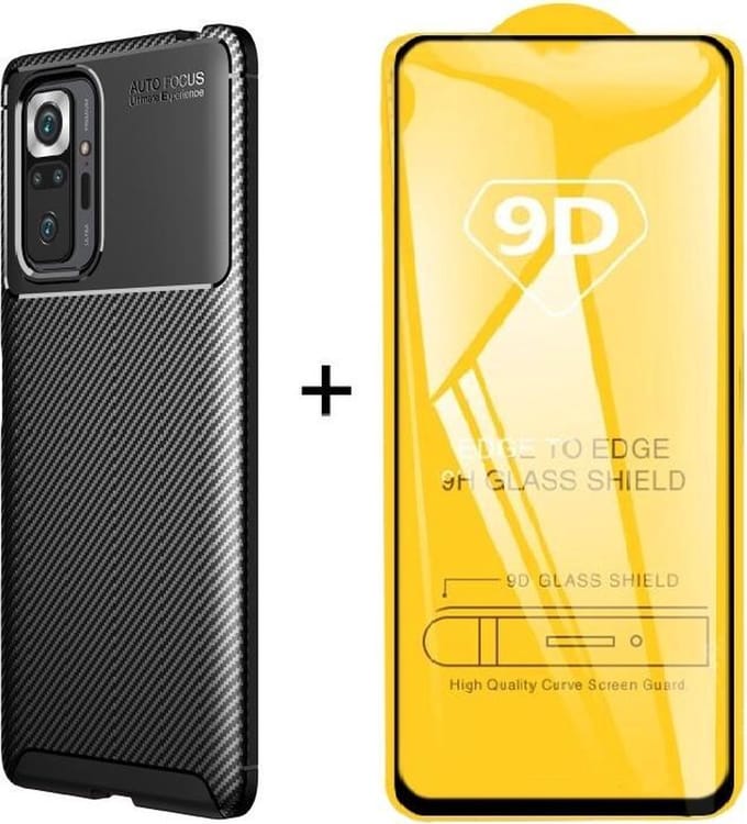 Silicone gel zwart hoesje Xiaomi Redmi Note 10 4G / Note 10S met full cover glas screenprotector
