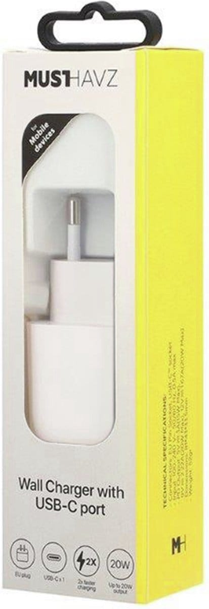Musthavz USB-C Oplader - 20W - USB-C - met Power Delivery - Wit