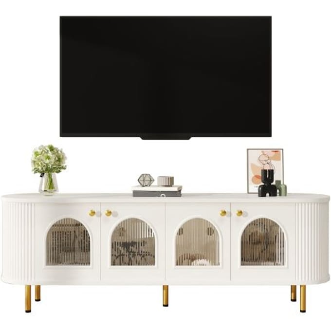 TV-kast lowboard - Wit en goudkleurig - Glazen deuren - Afgeronde randen - Luxe gouden details wit