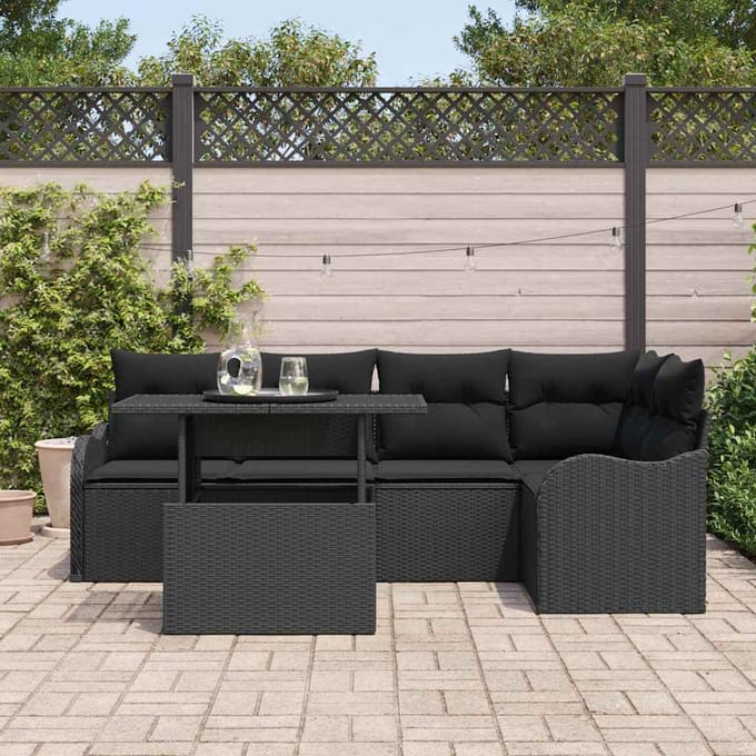 vidaXL Tuinbank Set met kussen met kussen 6 pcs Zwart Poly Riet