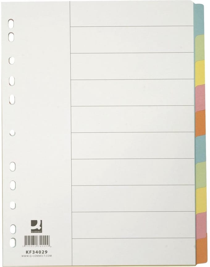 Q-CONNECT tabbladen | A4 | karton | 11-gaatsperforatie | 10 tabs | geassorteerde kleuren