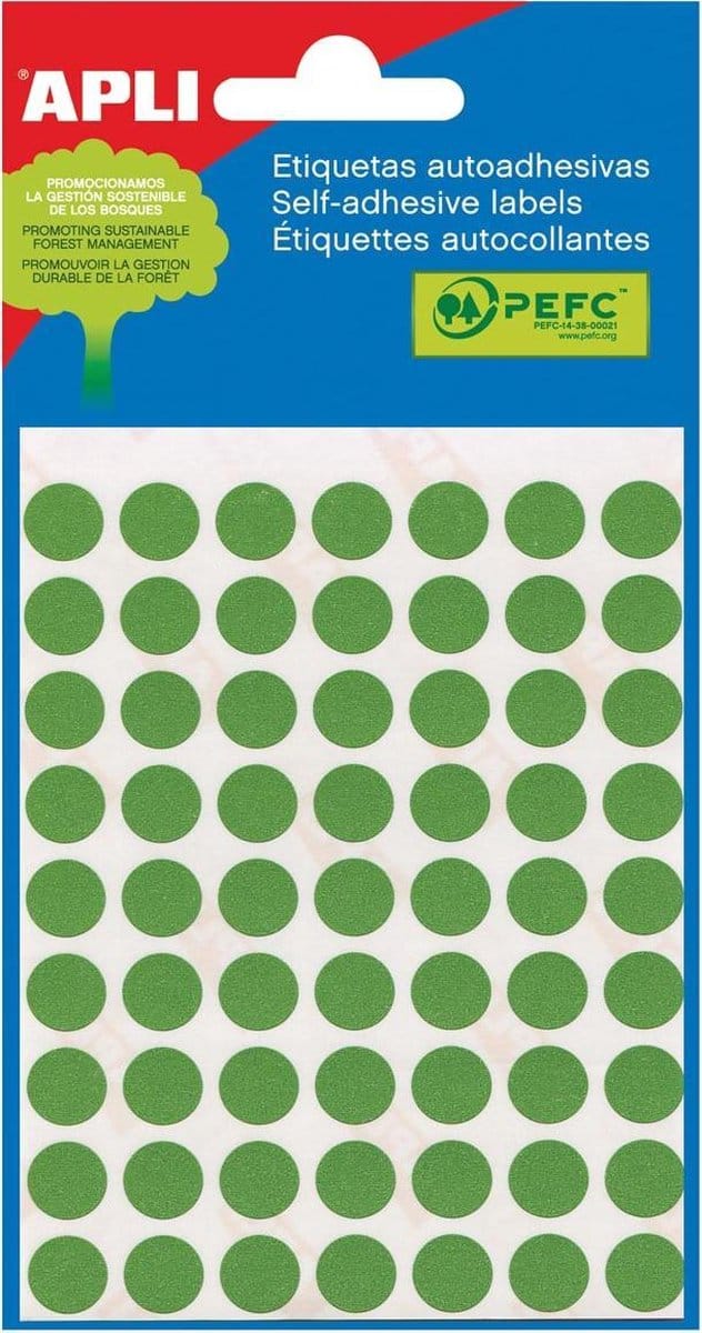 Apli ronde etiketten in etui diameter 13 mm, groen, 175 stuks, 35 per blad (2058)