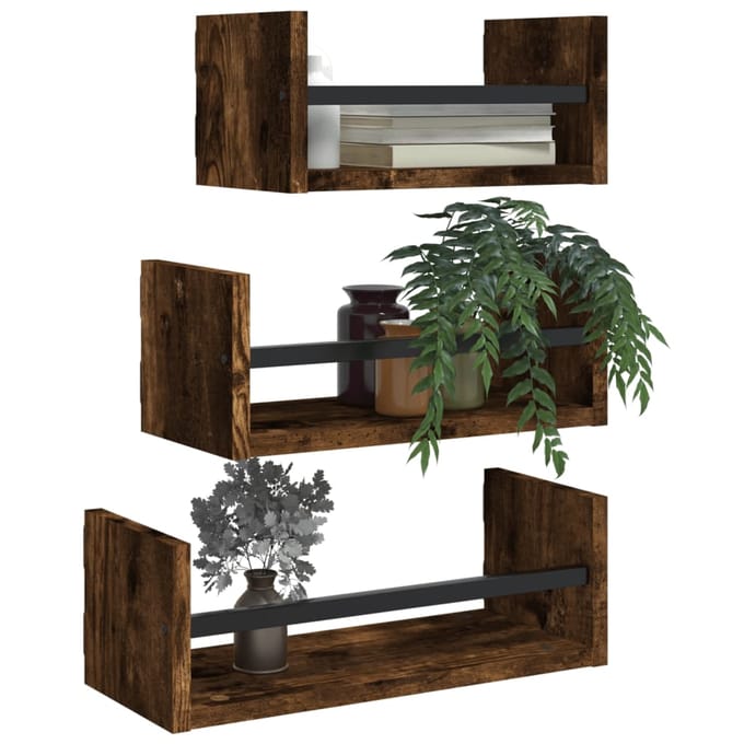 vidaXL - 3-delige - Wandschappenset - met - stangen - bewerkt - hout - gerookt - eiken