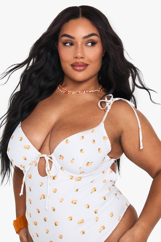 boohoo Dames Plus Tangerine Print Bandeau Badpak | Oranje | Maat: 54