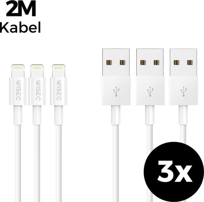 USB kabel met Lightning aansluiting 2 meter – USB naar Lightning oplaadkabel – set van 3 – geschikt voor iPhone 14 / 13 / 12 / 11 en iPad - wit - WISEQ