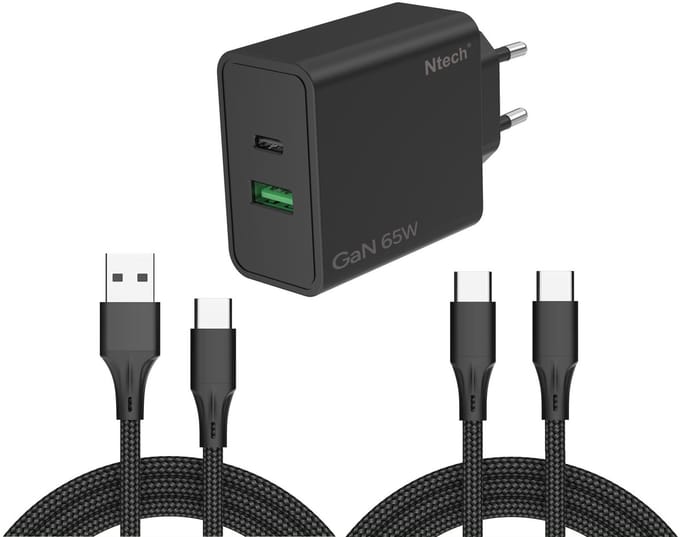 Ntech - USB C Adapter 65W - USB C Oplader Zwart - USB C Adapter 65W & USB-A 30W met 2x USB C kabel - 2 Poorten voor - USB C Lader - Universeel o.a. Telefoons & Laptops