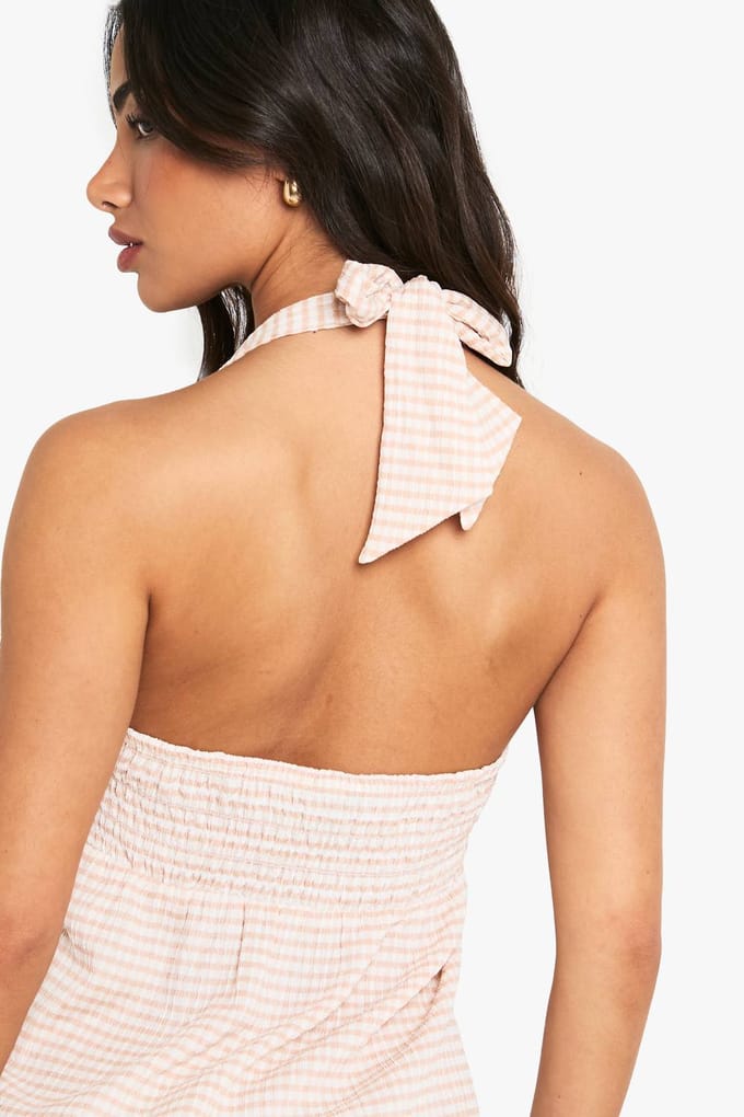 boohoo Dames Petite Getextureerde Gingham Halterneck Swing Mini Jurk | Steen | Maat: 44