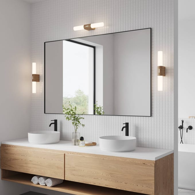 Nordlux Helva double basic-wandlamp-IP44-LED module-houtkleurige foil
