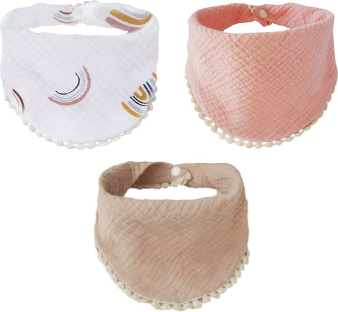 Without Lemon - Hippe Slabbetjes met Franjes - Hydrofiel - Katoen - Set van 3 stuks - Verstelbaar - Light Rainbow Mix
