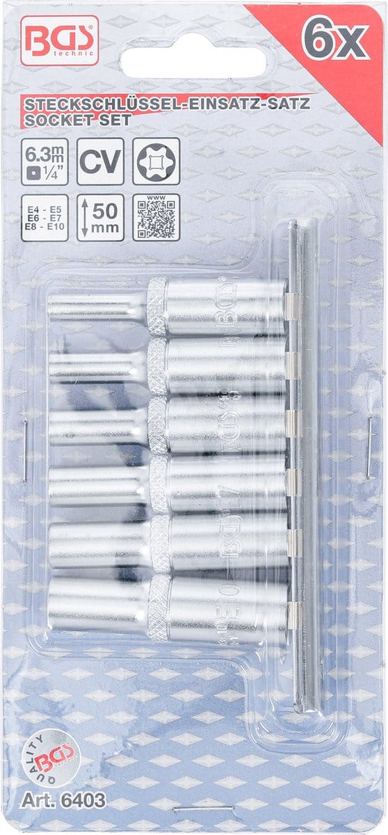 Torx doppenset lang 1/4" 6 delig - E4, E5, E6, E7, E8 en E10 -  BGS 6403