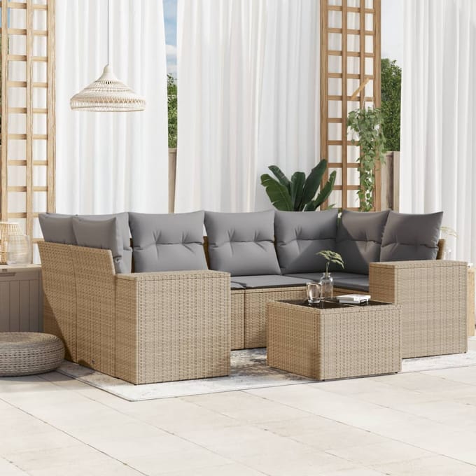 vidaXL - 7-delige - Loungeset - met - kussens - poly - rattan - beige
